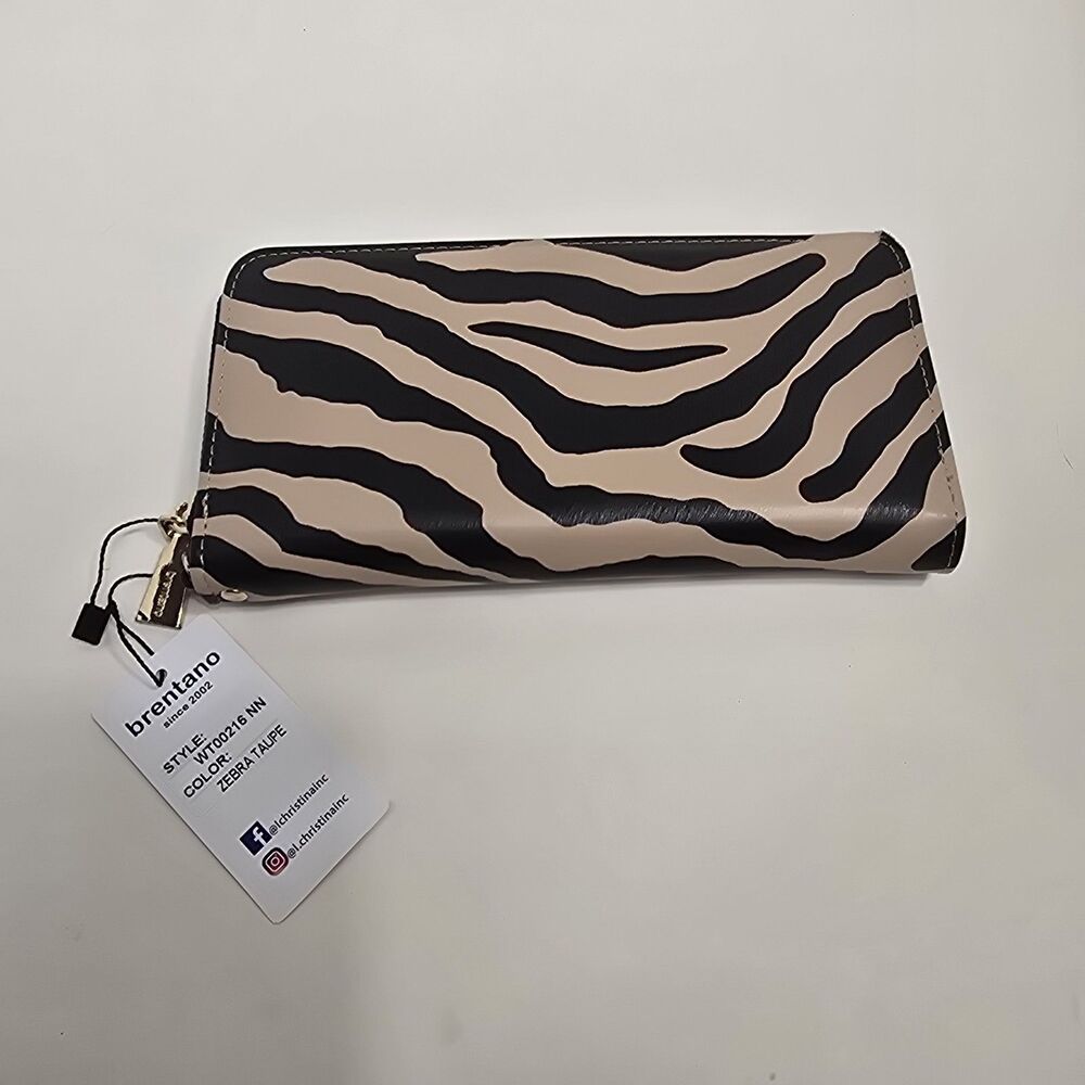 Brentano RFID blocking Single Zip Wristlet Wallet In Zebra 8” x 4” New